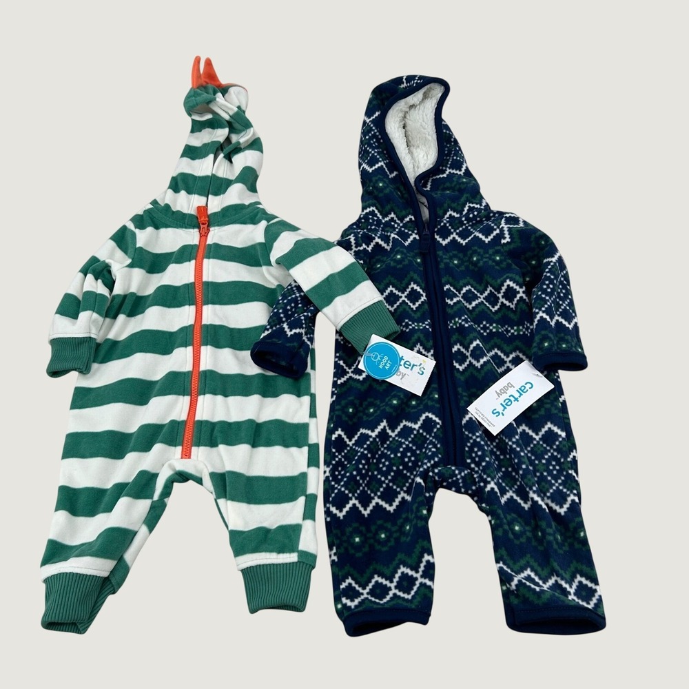 Carter's Fleece Jumpsuit Baby 3M Green Navy Striped Fair Isle‎ Hooded Cozy Dino